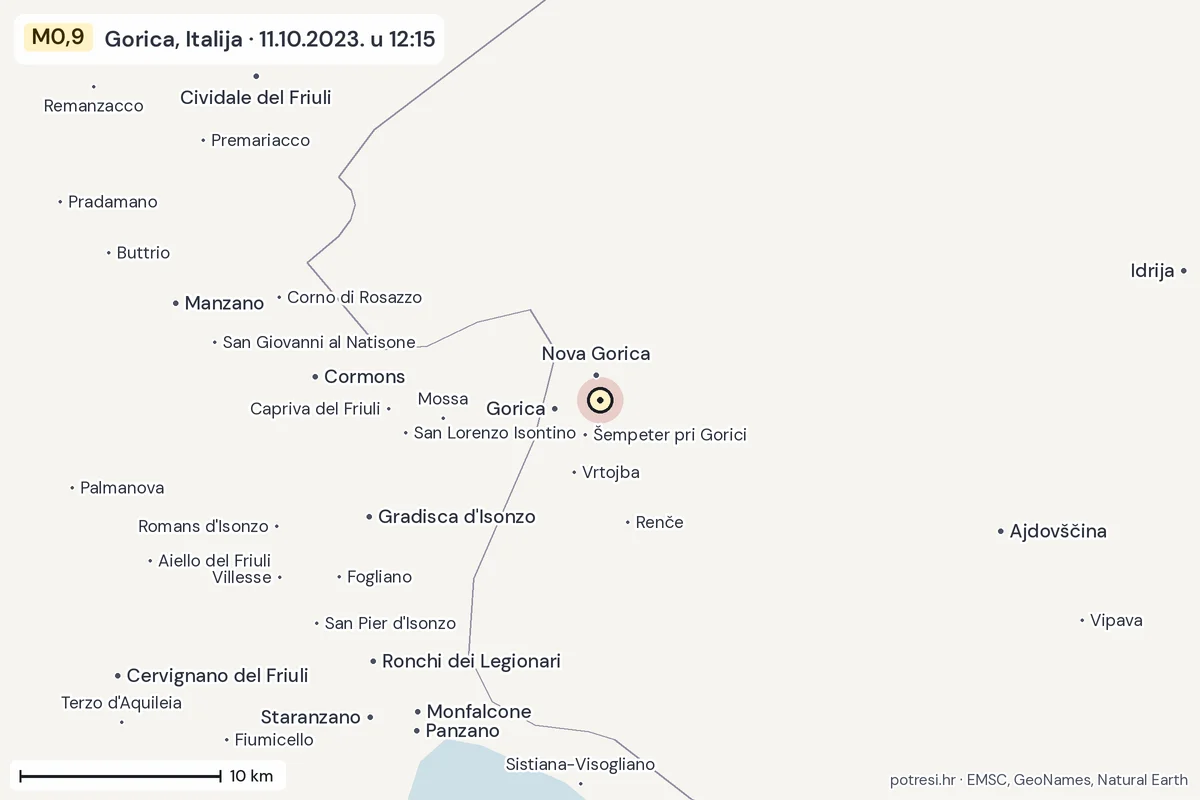 Karta: okolica epicentra, 60 km, potres M0,9, Gorica, Italija, 11.10.2023.