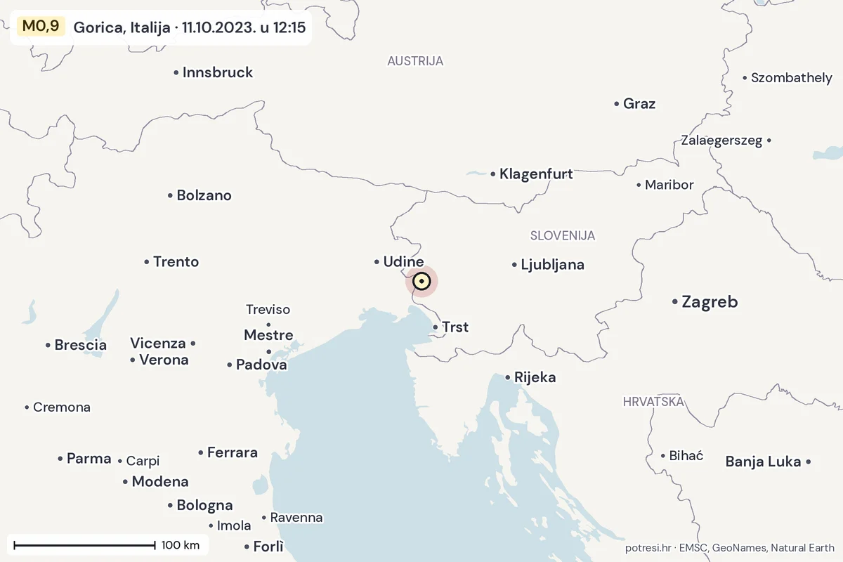 Karta: šire područje, 600 km, potres M0,9, Gorica, Italija, 11.10.2023.