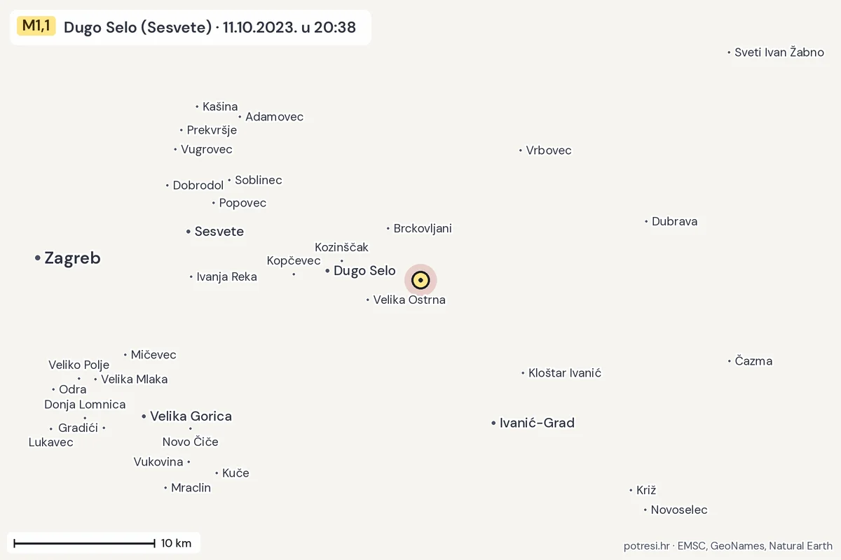 Karta: okolica epicentra, 60 km, potres M1,1, Dugo Selo (Sesvete), 11.10.2023.