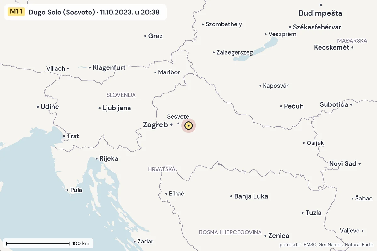 Karta: šire područje, 600 km, potres M1,1, Dugo Selo (Sesvete), 11.10.2023.
