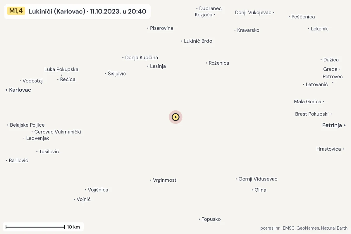 Karta: okolica epicentra, 60 km, potres M1,4, Lukinići (Karlovac), 11.10.2023.