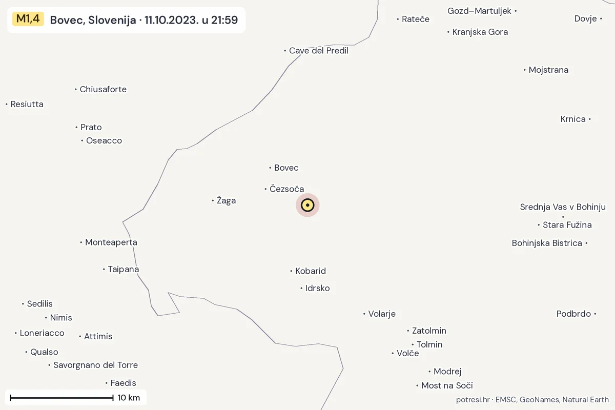 Karta: okolica epicentra, 60 km, potres M1,4, Bovec, Slovenija, 11.10.2023.