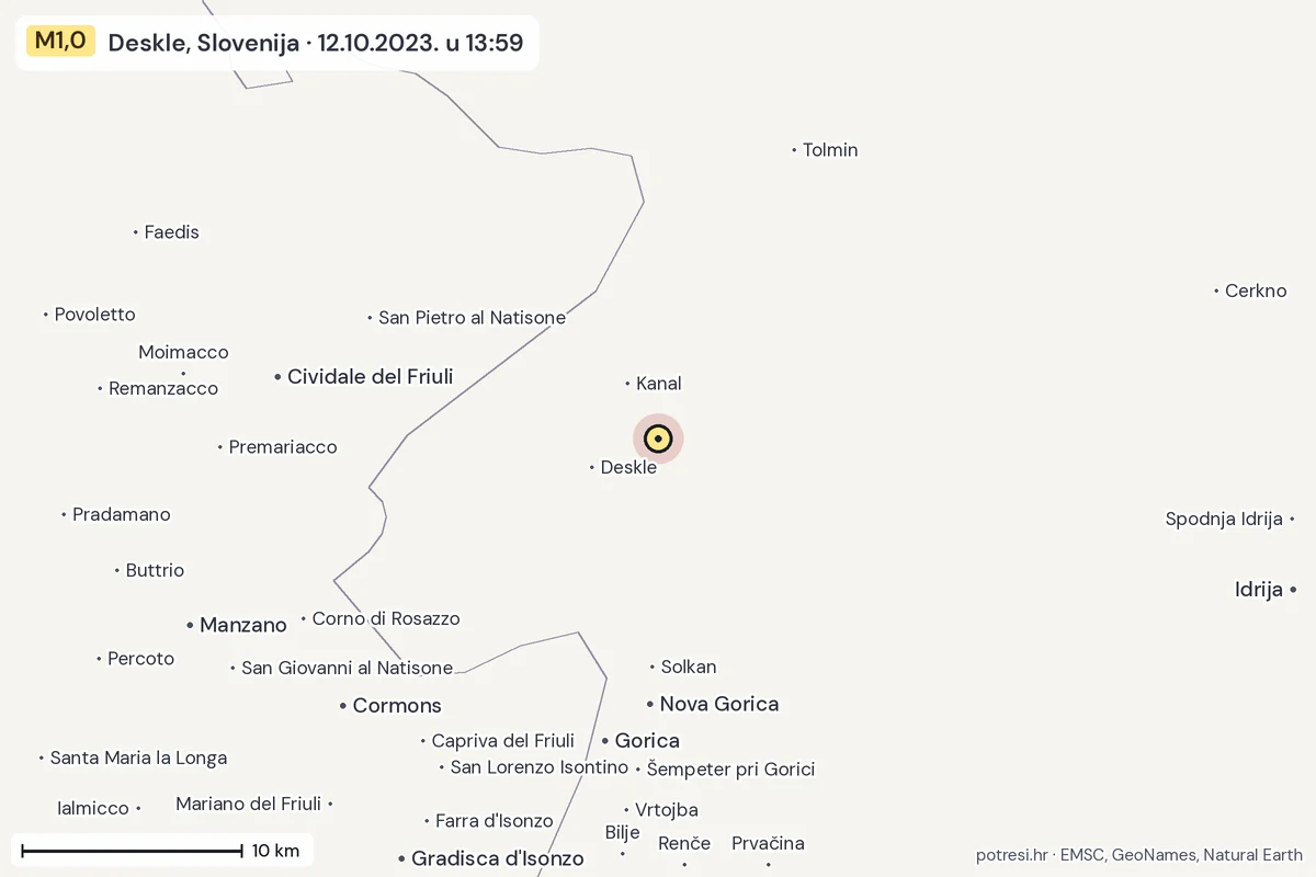 Karta: okolica epicentra, 60 km, potres M1,0, Deskle, Slovenija, 12.10.2023.