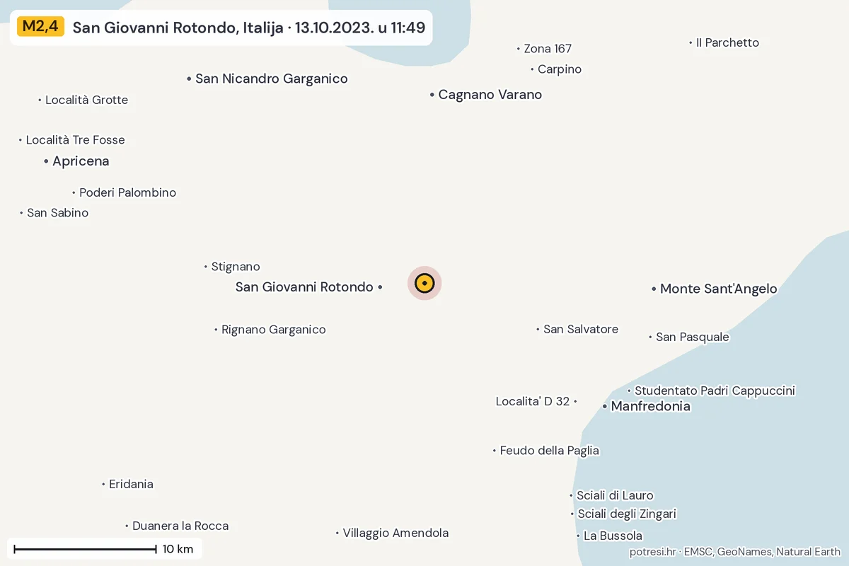 Karta: okolica epicentra, 60 km, potres M2,4, San Giovanni Rotondo, Italija, 13.10.2023.
