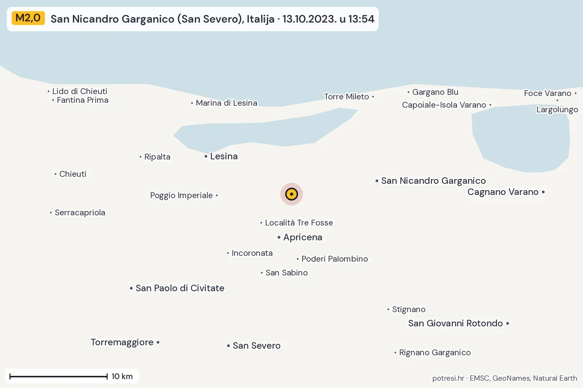Karta: okolica epicentra, 60 km, potres M2,0, San Nicandro Garganico (San Severo), Italija, 13.10.2023.