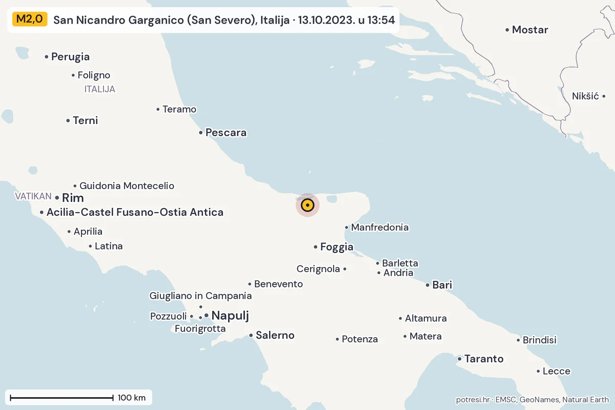 Karta: šire područje, 600 km, potres M2,0, San Nicandro Garganico (San Severo), Italija, 13.10.2023.