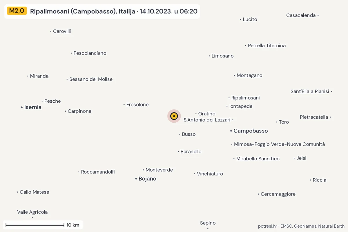 Karta: okolica epicentra, 60 km, potres M2,0, Ripalimosani (Campobasso), Italija, 14.10.2023.
