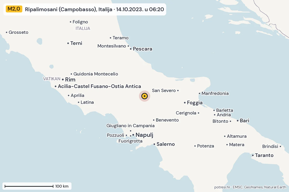 Karta: šire područje, 600 km, potres M2,0, Ripalimosani (Campobasso), Italija, 14.10.2023.