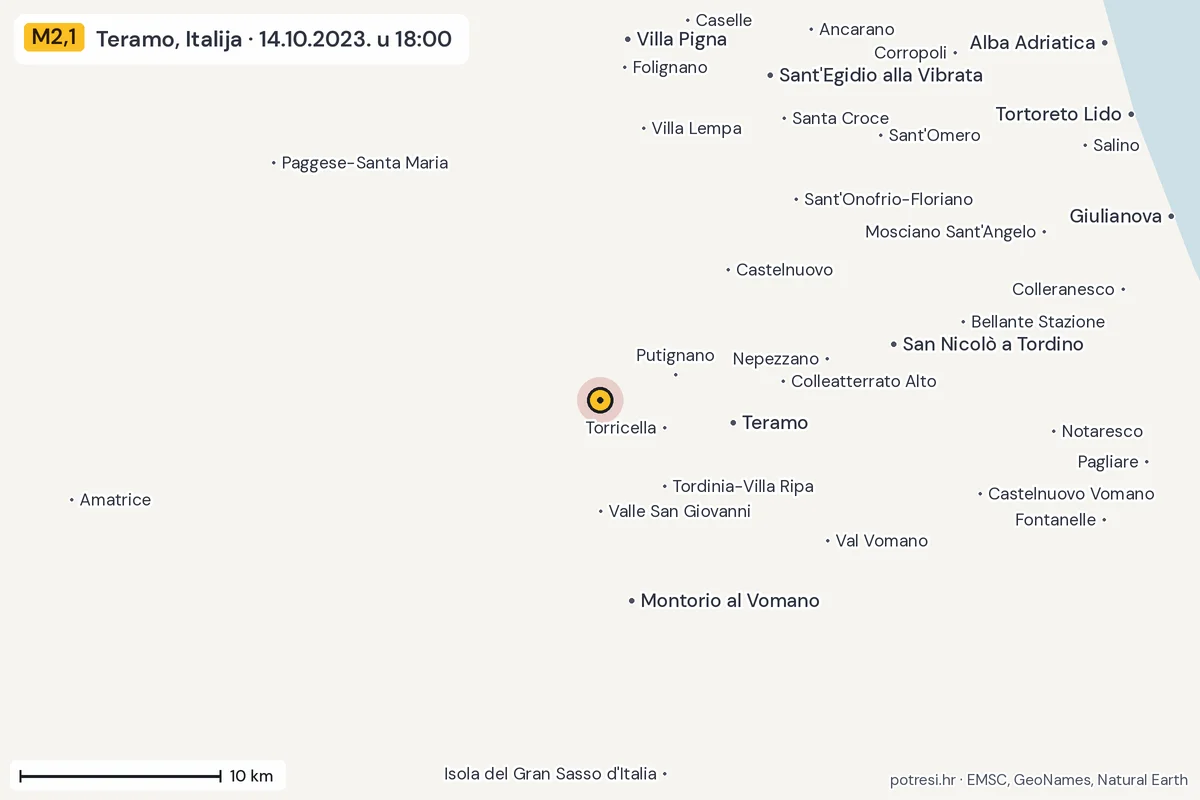 Karta: okolica epicentra, 60 km, potres M2,1, Teramo, Italija, 14.10.2023.