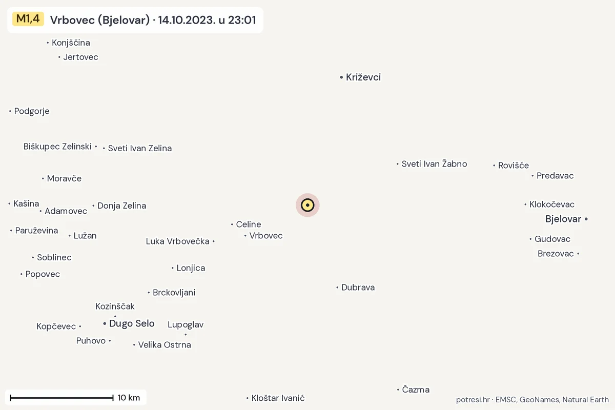 Karta: okolica epicentra, 60 km, potres M1,4, Vrbovec (Bjelovar), 14.10.2023.