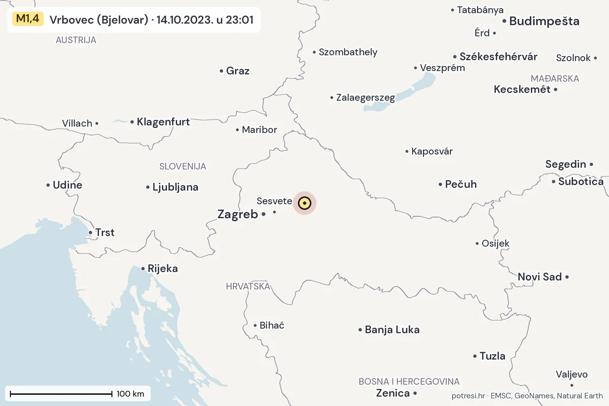 Karta: šire područje, 600 km, potres M1,4, Vrbovec (Bjelovar), 14.10.2023.
