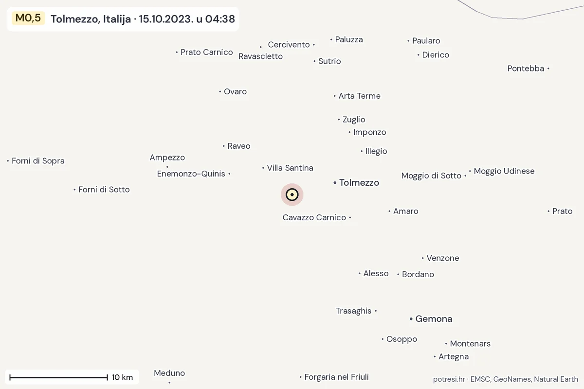Karta: okolica epicentra, 60 km, potres M0,5, Tolmezzo, Italija, 15.10.2023.