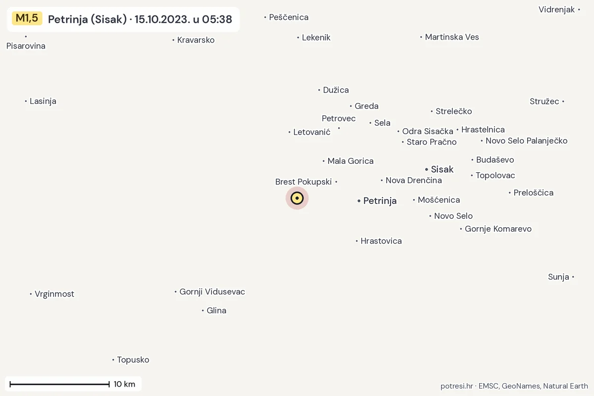 Karta: okolica epicentra, 60 km, potres M1,5, Petrinja (Sisak), 15.10.2023.