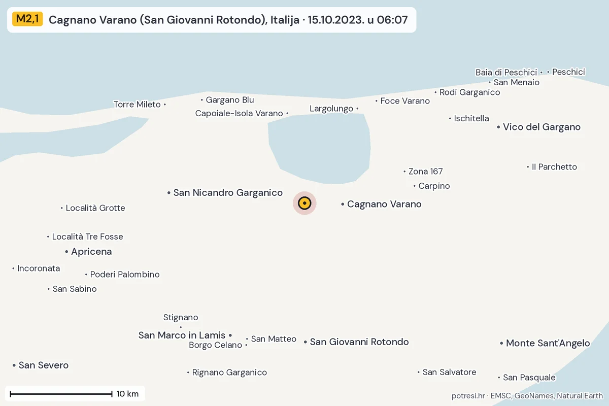 Karta: okolica epicentra, 60 km, potres M2,1, Cagnano Varano (San Giovanni Rotondo), Italija, 15.10.2023.