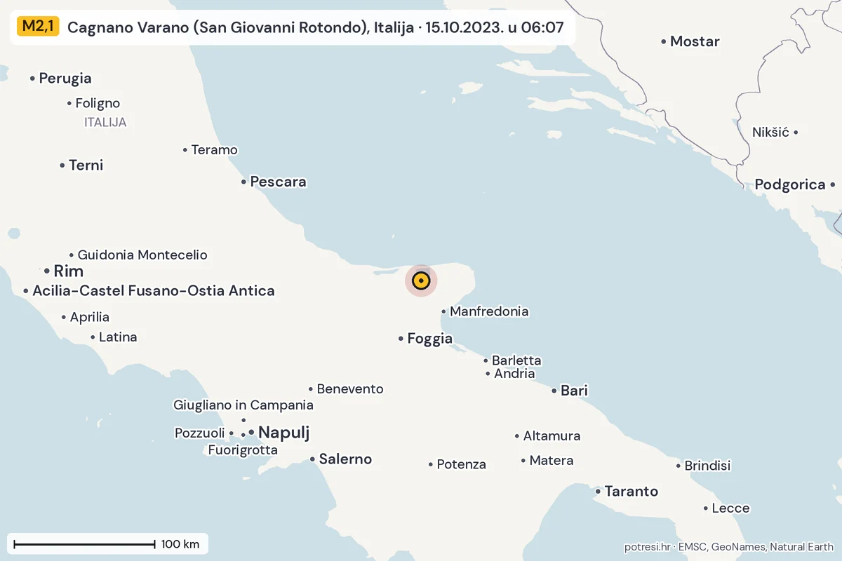 Karta: šire područje, 600 km, potres M2,1, Cagnano Varano (San Giovanni Rotondo), Italija, 15.10.2023.