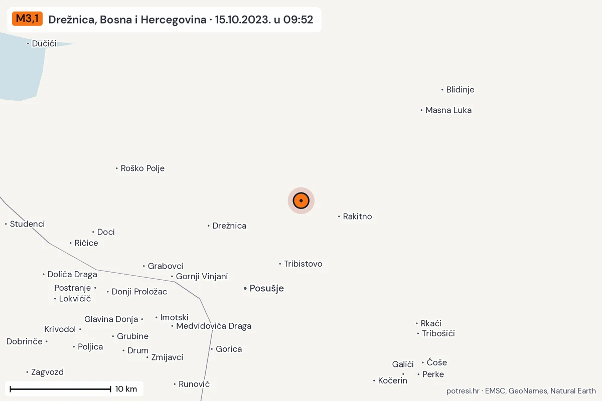 Karta: okolica epicentra, 60 km, potres M3,1, Drežnica, Bosna i Hercegovina, 15.10.2023.