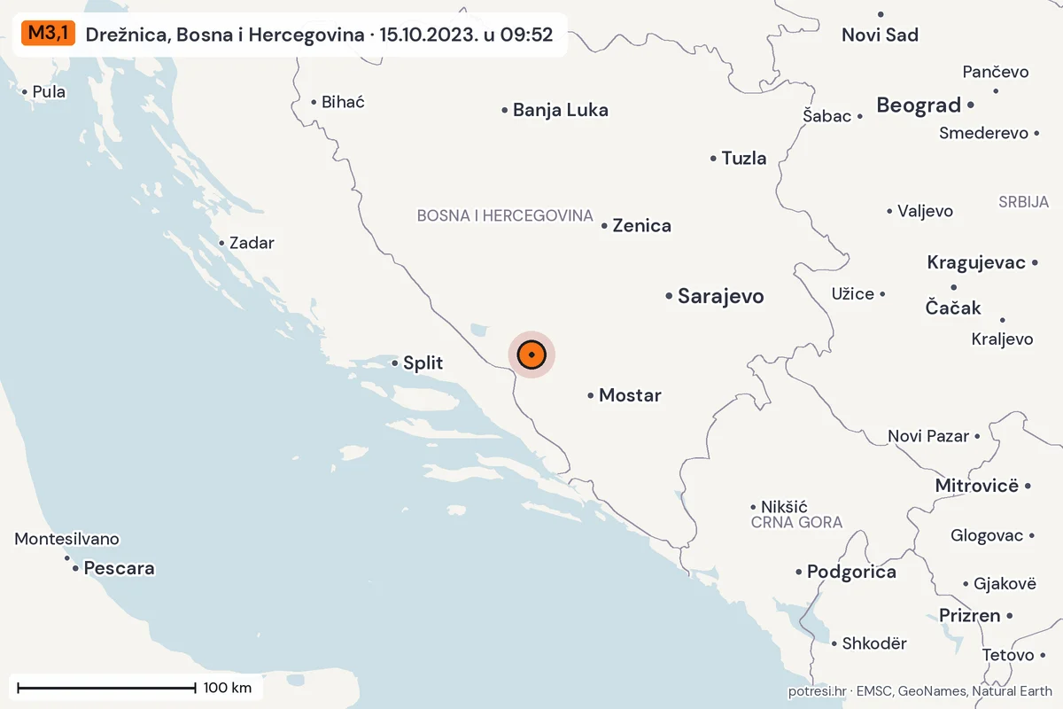 Karta: šire područje, 600 km, potres M3,1, Drežnica, Bosna i Hercegovina, 15.10.2023.