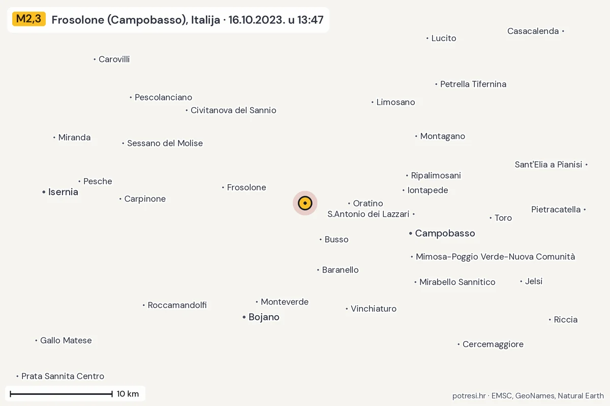Karta: okolica epicentra, 60 km, potres M2,3, Frosolone (Campobasso), Italija, 16.10.2023.