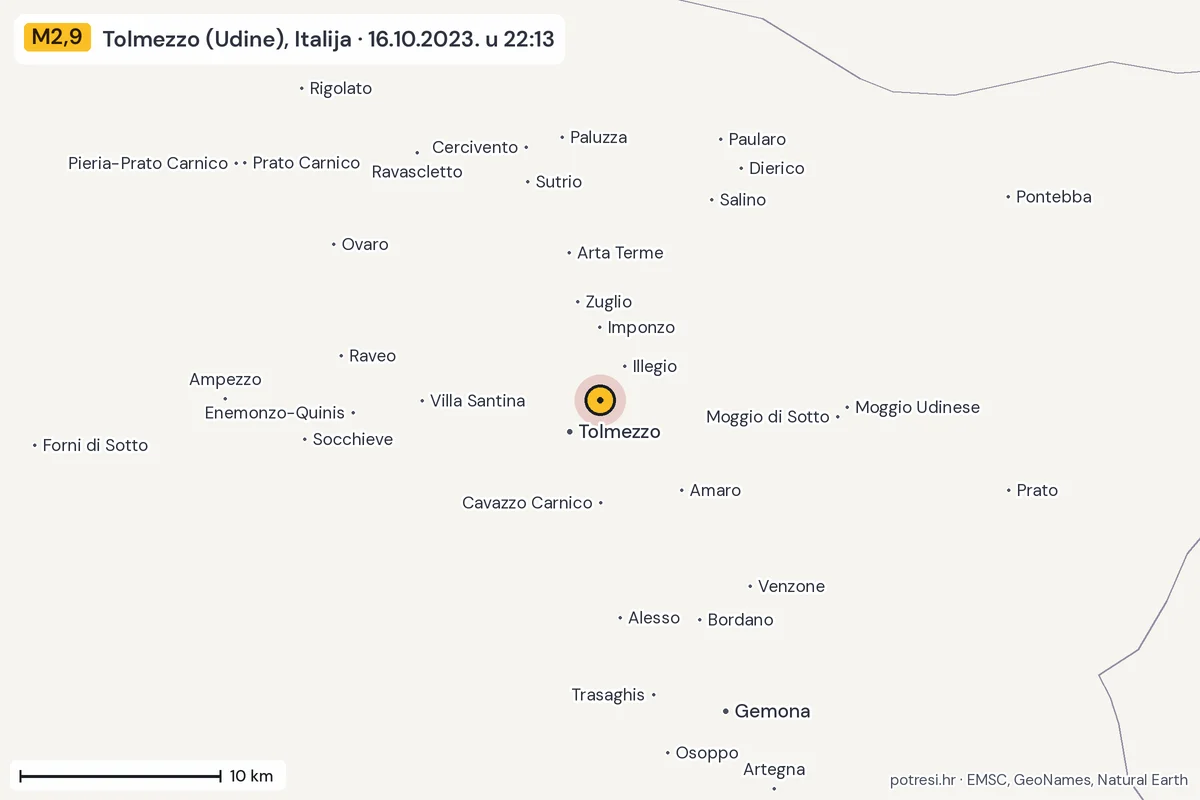 Karta: okolica epicentra, 60 km, potres M2,9, Tolmezzo (Udine), Italija, 16.10.2023.
