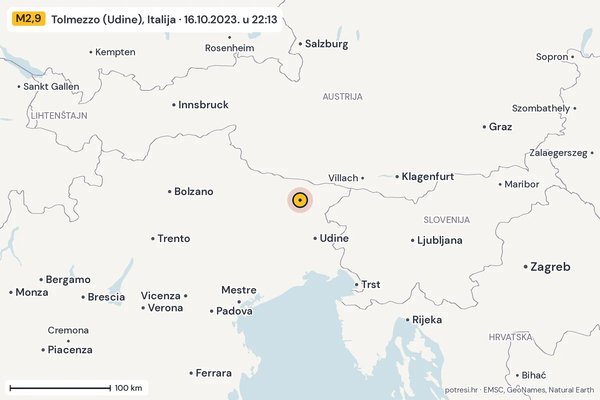 Karta: šire područje, 600 km, potres M2,9, Tolmezzo (Udine), Italija, 16.10.2023.