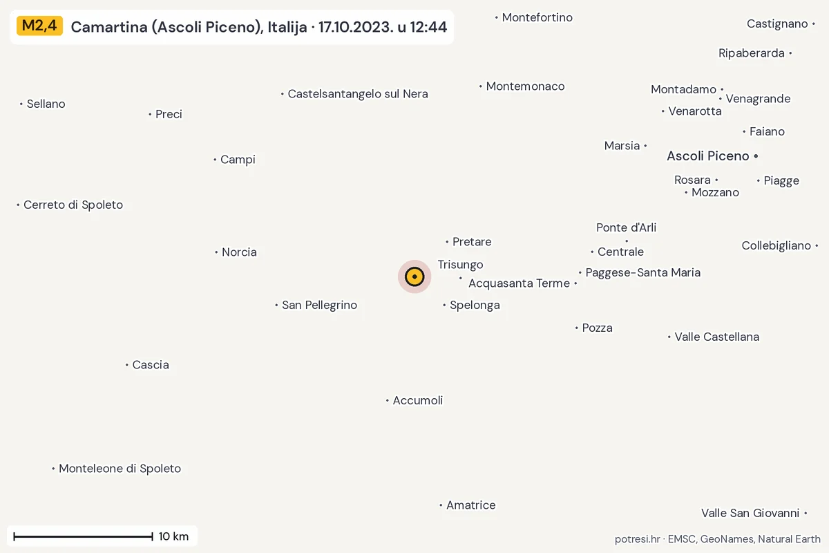 Karta: okolica epicentra, 60 km, potres M2,4, Camartina (Ascoli Piceno), Italija, 17.10.2023.