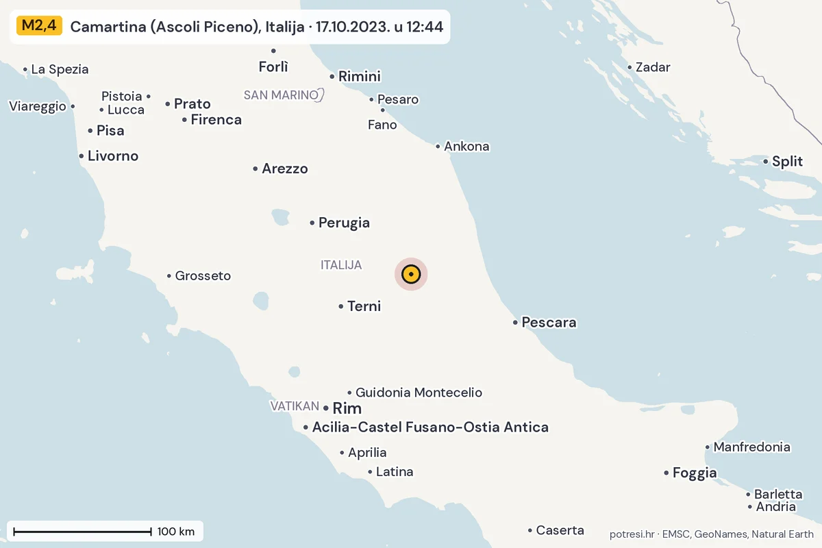 Karta: šire područje, 600 km, potres M2,4, Camartina (Ascoli Piceno), Italija, 17.10.2023.