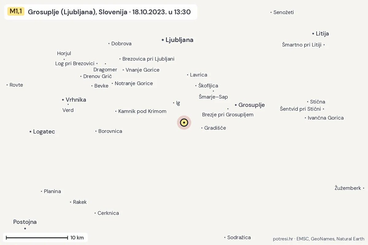 Karta: okolica epicentra, 60 km, potres M1,1, Grosuplje (Ljubljana), Slovenija, 18.10.2023.