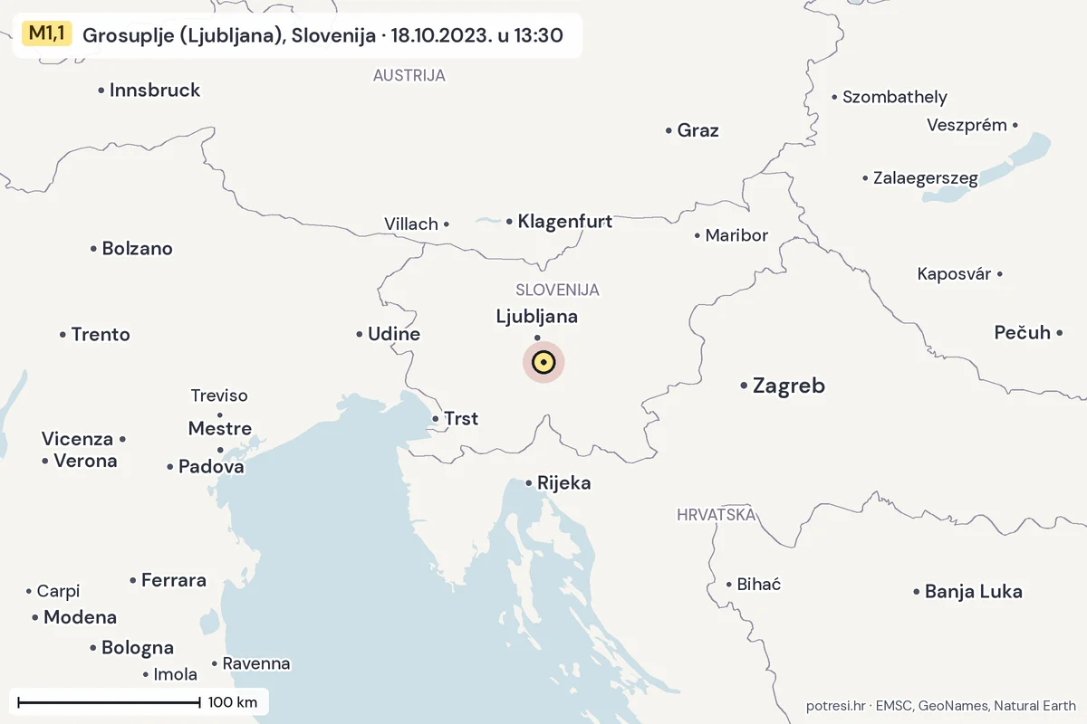 Karta: šire područje, 600 km, potres M1,1, Grosuplje (Ljubljana), Slovenija, 18.10.2023.