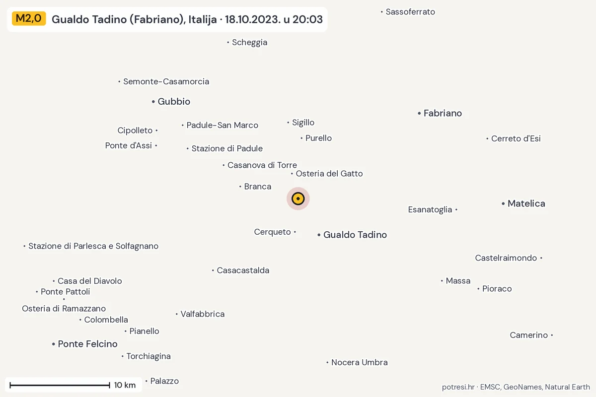 Karta: okolica epicentra, 60 km, potres M2,0, Gualdo Tadino (Fabriano), Italija, 18.10.2023.