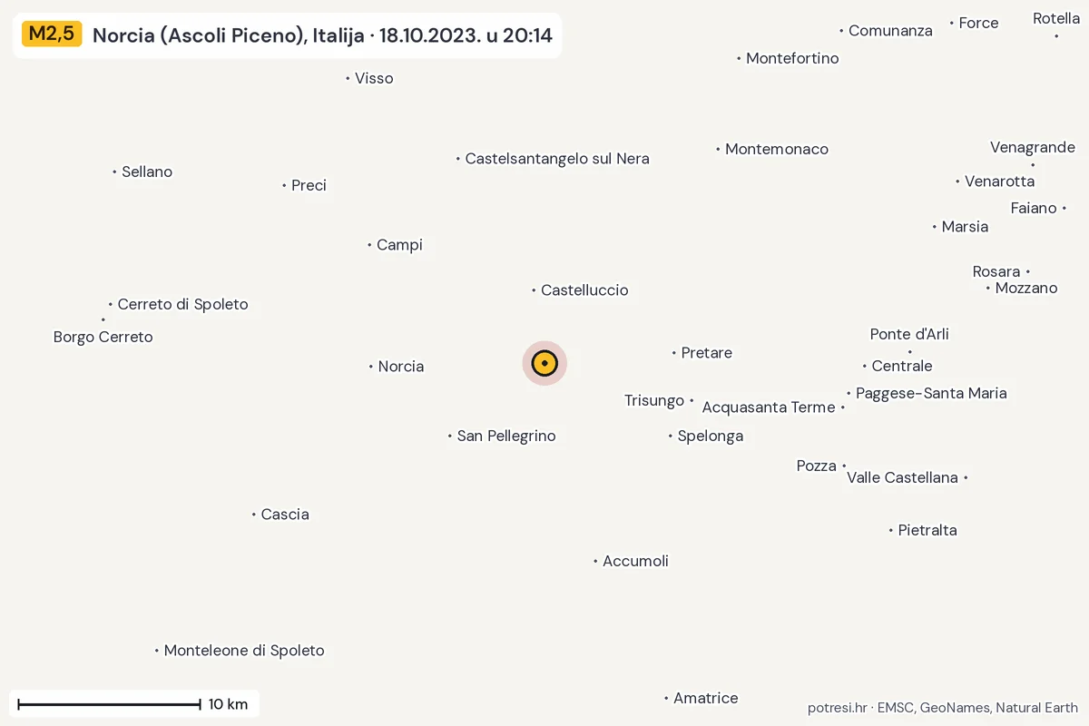 Karta: okolica epicentra, 60 km, potres M2,5, Norcia (Ascoli Piceno), Italija, 18.10.2023.