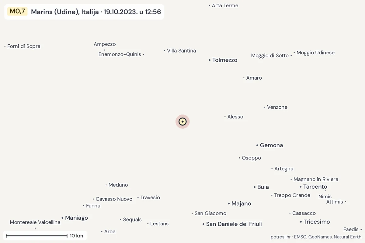 Karta: okolica epicentra, 60 km, potres M0,7, Marins (Udine), Italija, 19.10.2023.