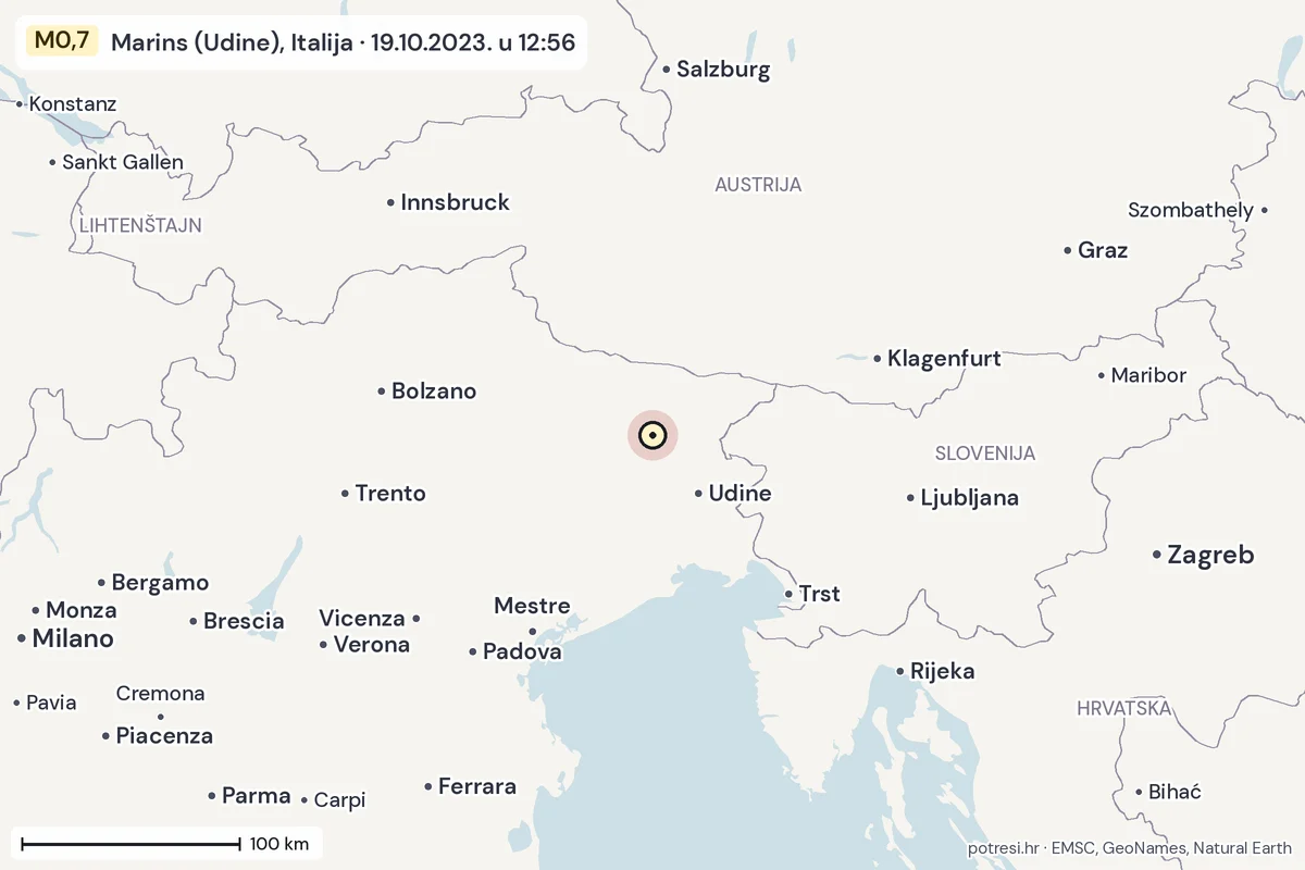 Karta: šire područje, 600 km, potres M0,7, Marins (Udine), Italija, 19.10.2023.