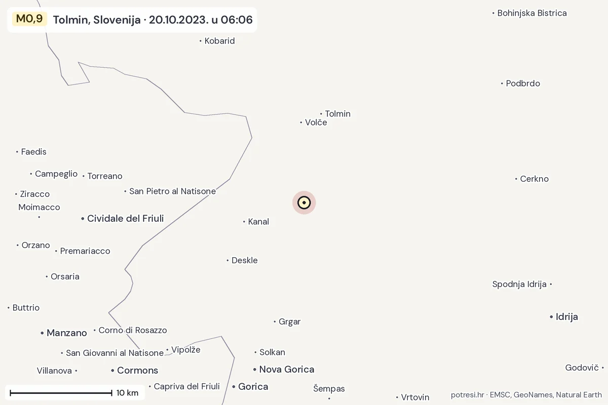 Karta: okolica epicentra, 60 km, potres M0,9, Tolmin, Slovenija, 20.10.2023.