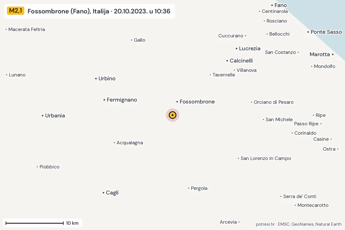 Karta: okolica epicentra, 60 km, potres M2,1, Fossombrone (Fano), Italija, 20.10.2023.