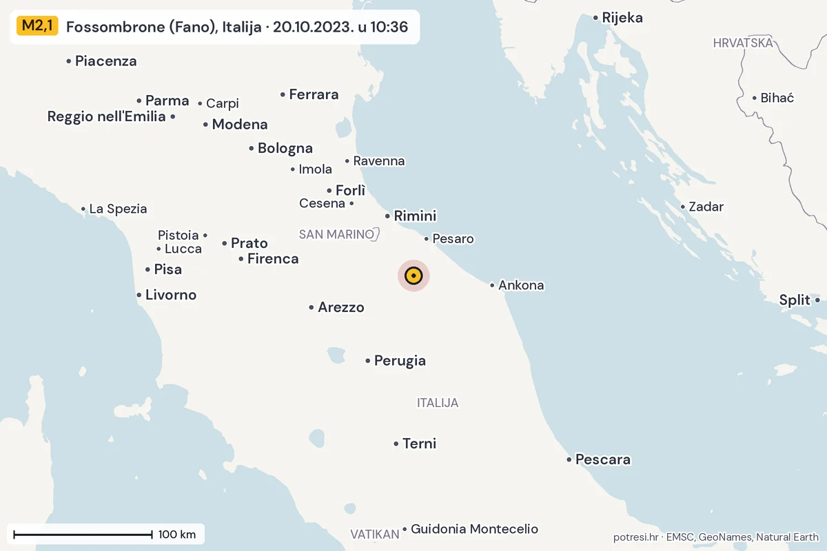 Karta: šire područje, 600 km, potres M2,1, Fossombrone (Fano), Italija, 20.10.2023.