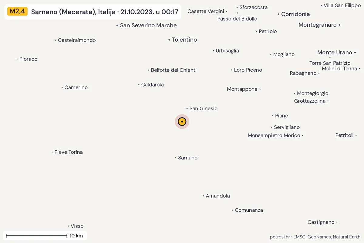 Karta: okolica epicentra, 60 km, potres M2,4, Sarnano (Macerata), Italija, 21.10.2023.