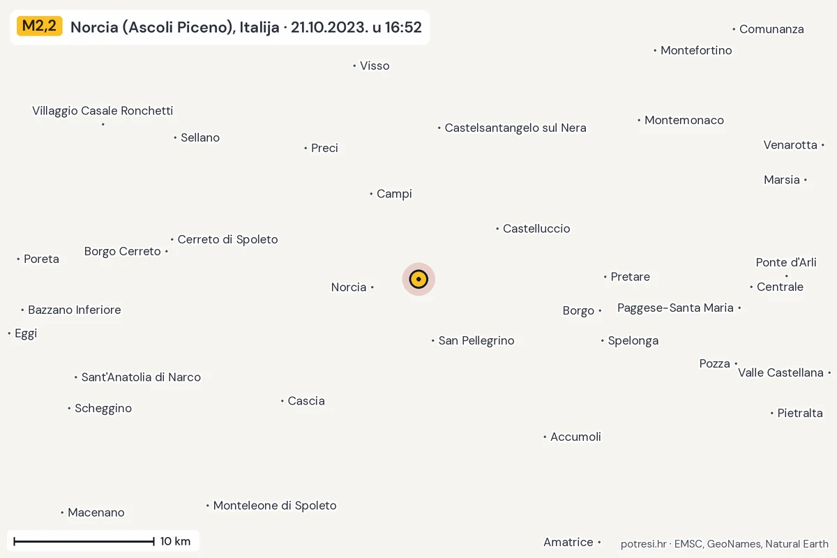 Karta: okolica epicentra, 60 km, potres M2,2, Norcia (Ascoli Piceno), Italija, 21.10.2023.