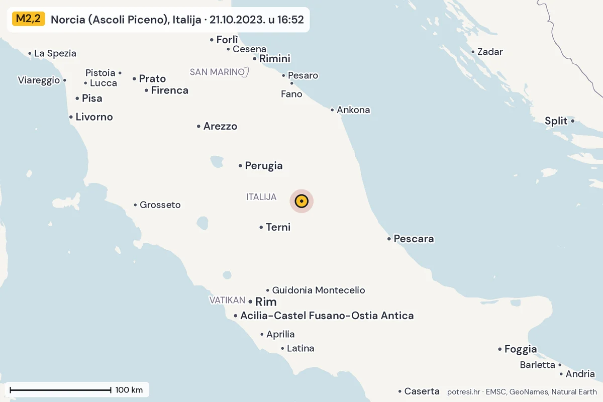 Karta: šire područje, 600 km, potres M2,2, Norcia (Ascoli Piceno), Italija, 21.10.2023.