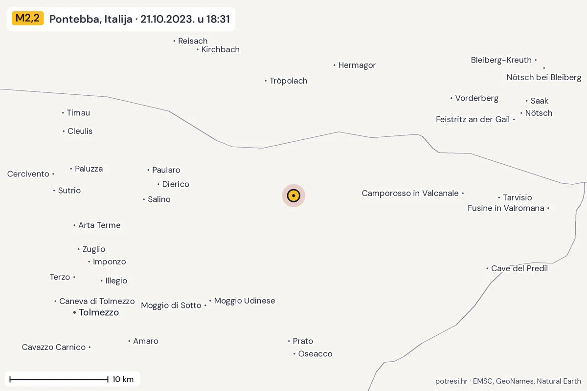 Karta: okolica epicentra, 60 km, potres M2,2, Pontebba, Italija, 21.10.2023.