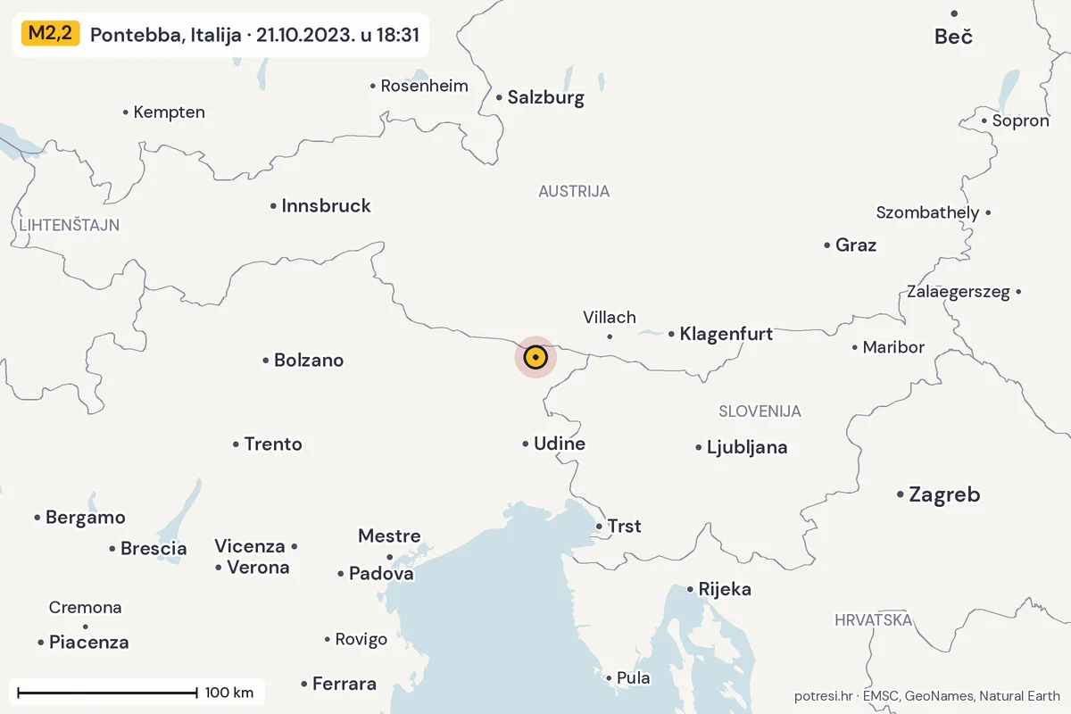 Karta: šire područje, 600 km, potres M2,2, Pontebba, Italija, 21.10.2023.