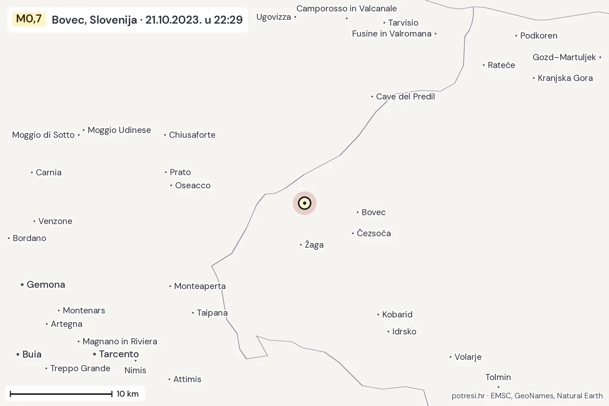 Karta: okolica epicentra, 60 km, potres M0,7, Bovec, Slovenija, 21.10.2023.