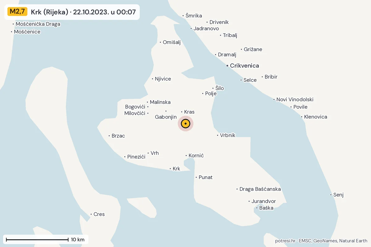 Karta: okolica epicentra, 60 km, potres M2,7, Krk (Rijeka), 22.10.2023.