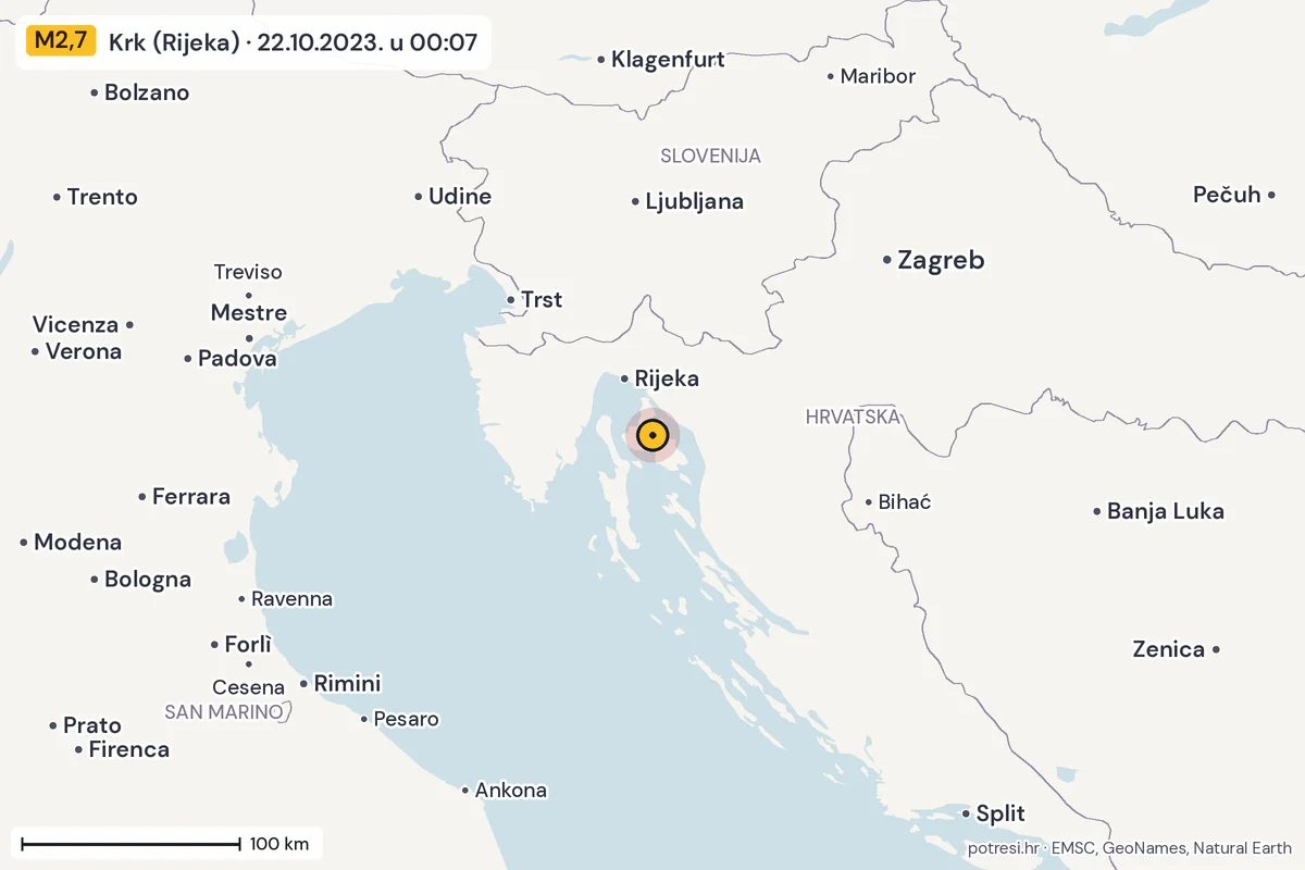 Karta: šire područje, 600 km, potres M2,7, Krk (Rijeka), 22.10.2023.