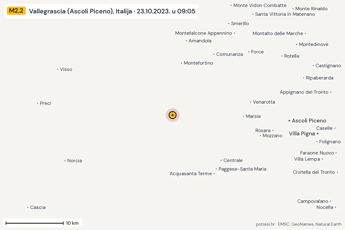 Karta: okolica epicentra, 60 km, potres M2,2, Vallegrascia (Ascoli Piceno), Italija, 23.10.2023.