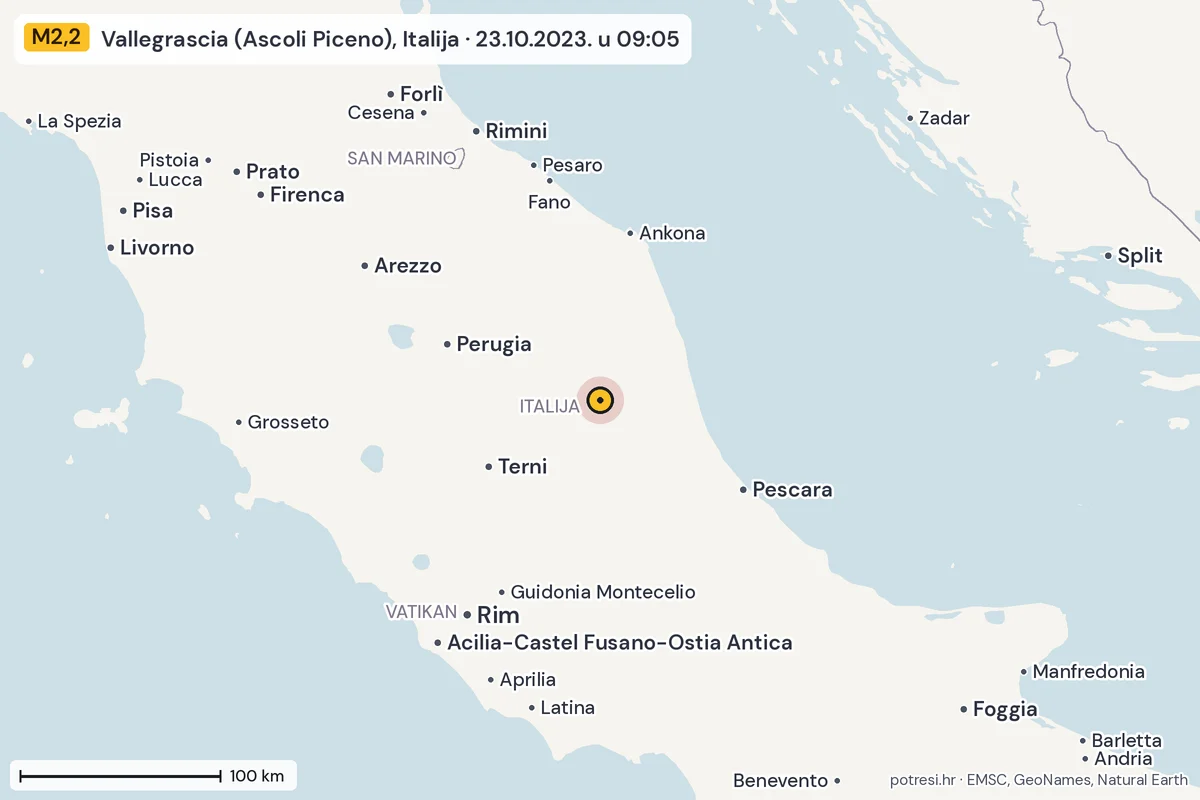 Karta: šire područje, 600 km, potres M2,2, Vallegrascia (Ascoli Piceno), Italija, 23.10.2023.