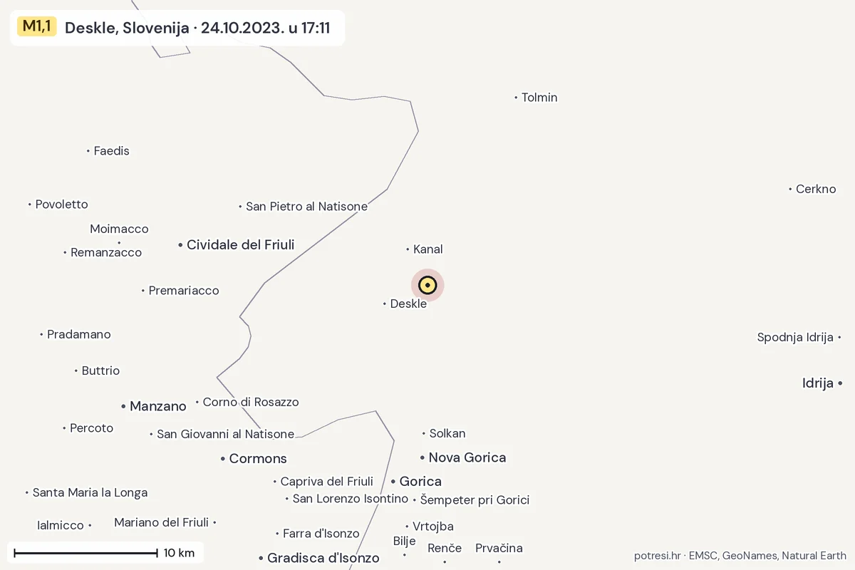 Karta: okolica epicentra, 60 km, potres M1,1, Deskle, Slovenija, 24.10.2023.