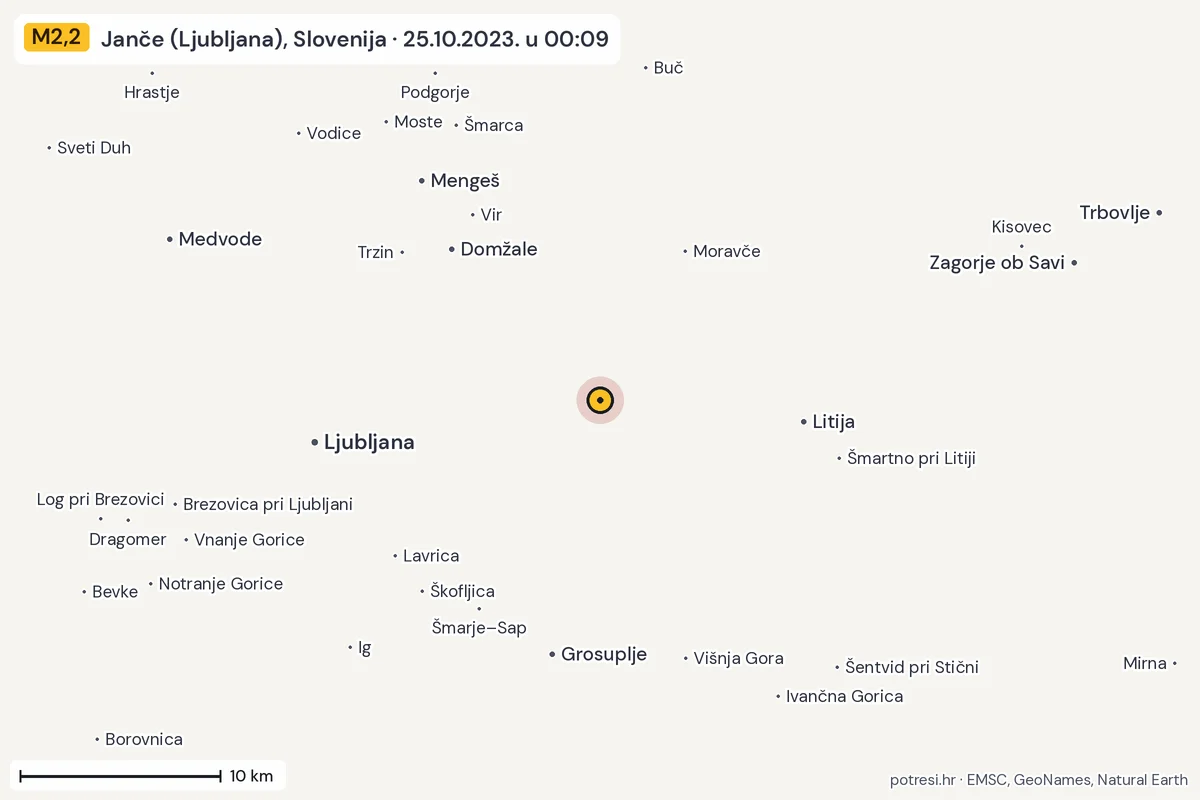 Karta: okolica epicentra, 60 km, potres M2,2, Janče (Ljubljana), Slovenija, 25.10.2023.