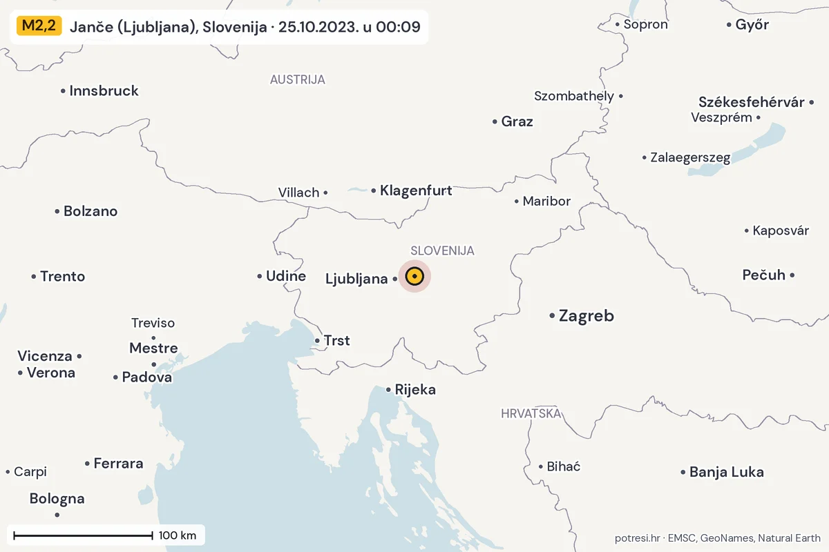 Karta: šire područje, 600 km, potres M2,2, Janče (Ljubljana), Slovenija, 25.10.2023.