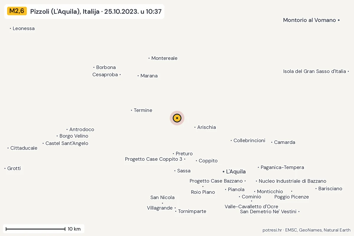 Karta: okolica epicentra, 60 km, potres M2,6, Pizzoli (L'Aquila), Italija, 25.10.2023.