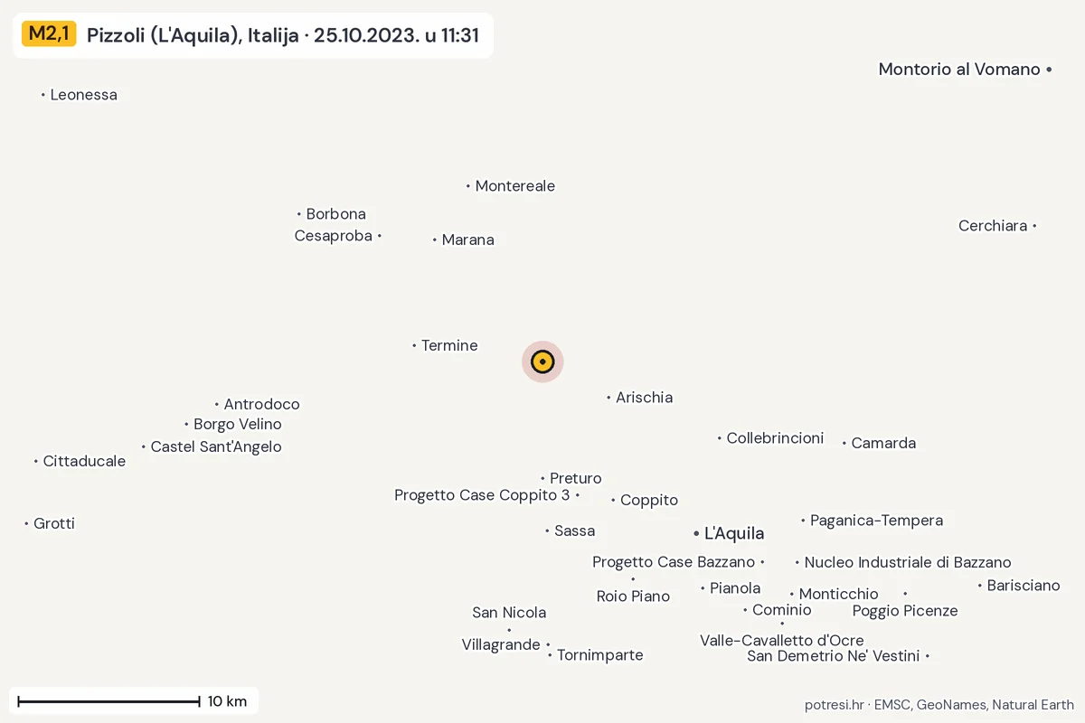 Karta: okolica epicentra, 60 km, potres M2,1, Pizzoli (L'Aquila), Italija, 25.10.2023.